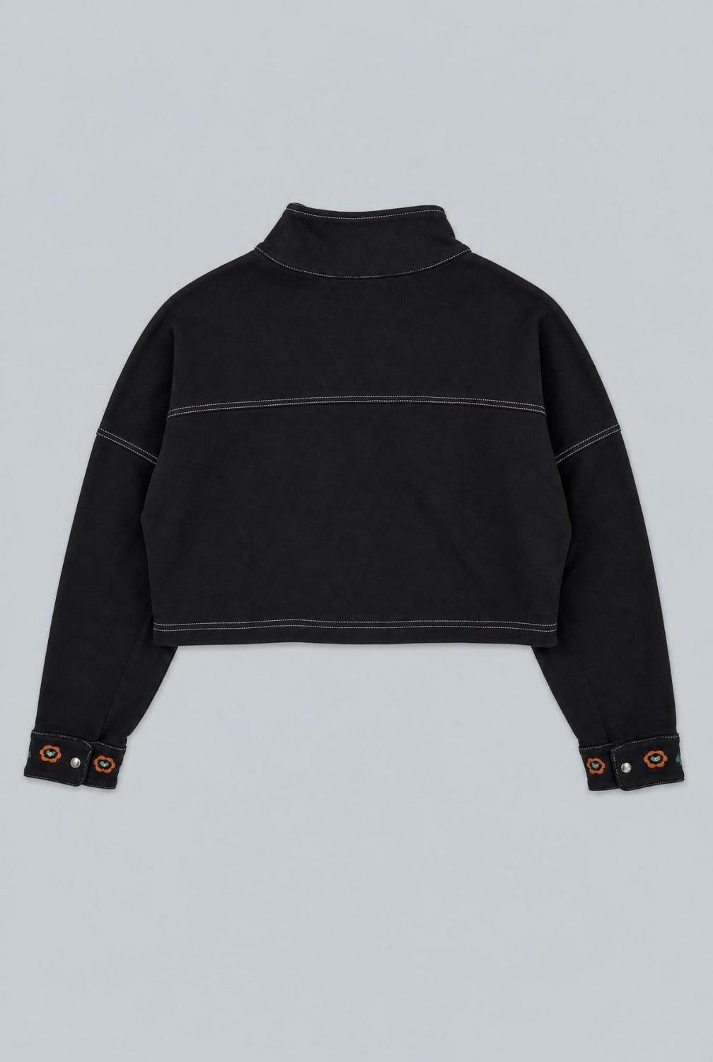 Embroidered Henley Sweatshirt - Black - Henley
