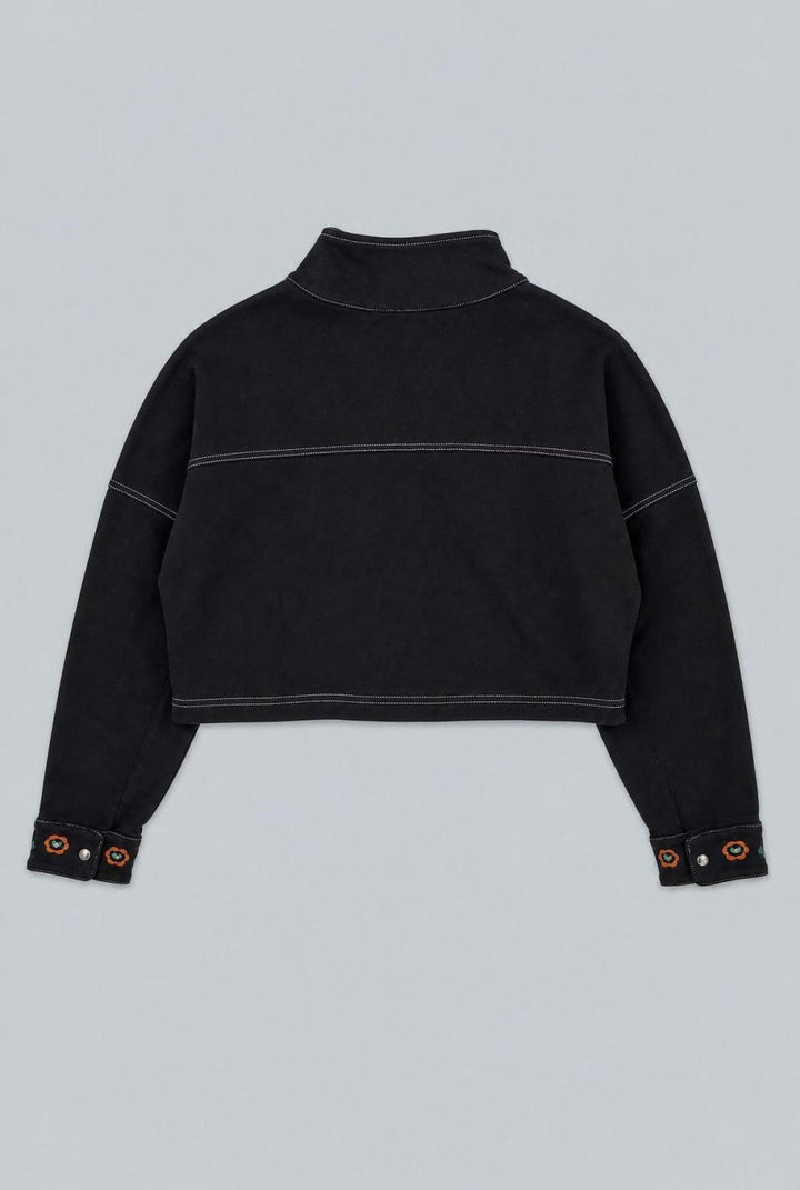Embroidered Henley Sweatshirt - Black - Henley