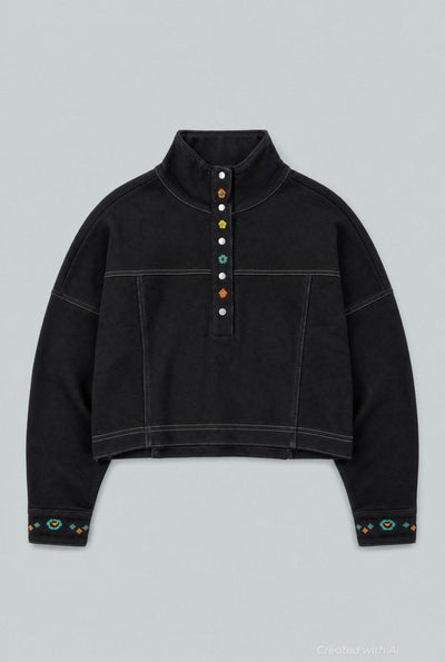 Embroidered Henley Sweatshirt - Black - Henley