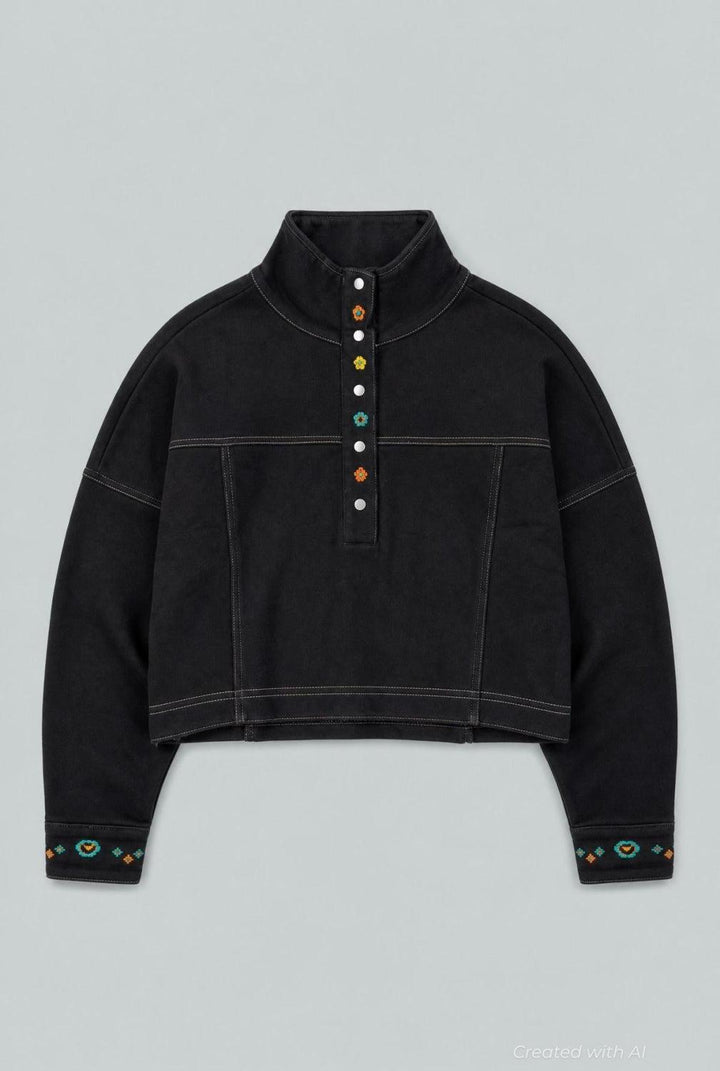 Embroidered Henley Sweatshirt - Black - Henley