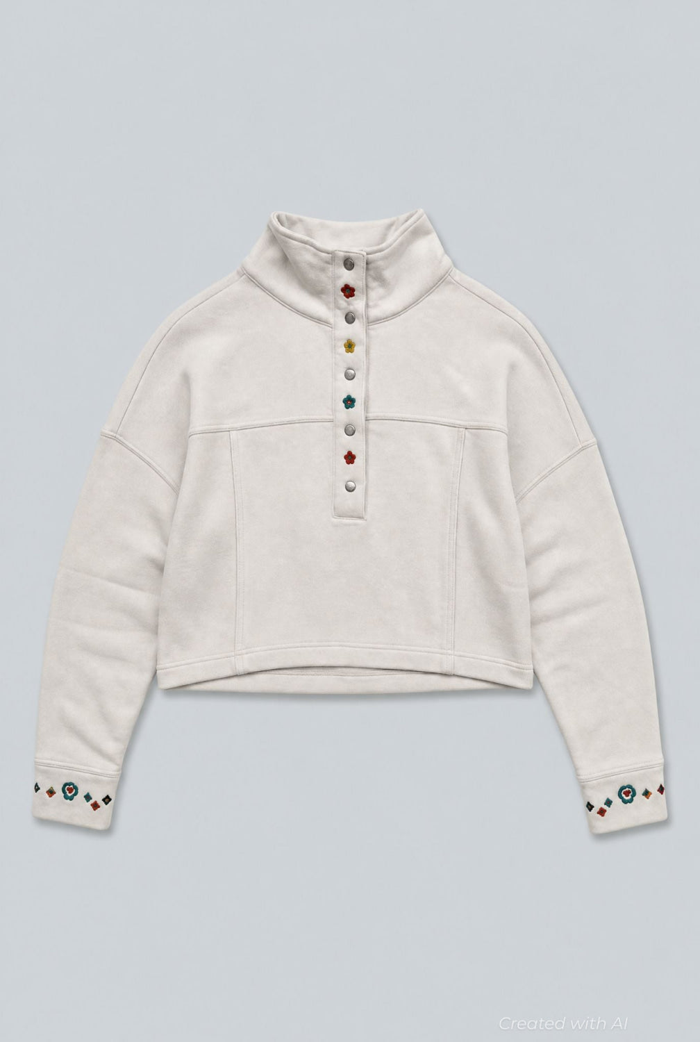 Embroidered Henley Sweatshirt - White - Sweatshirt