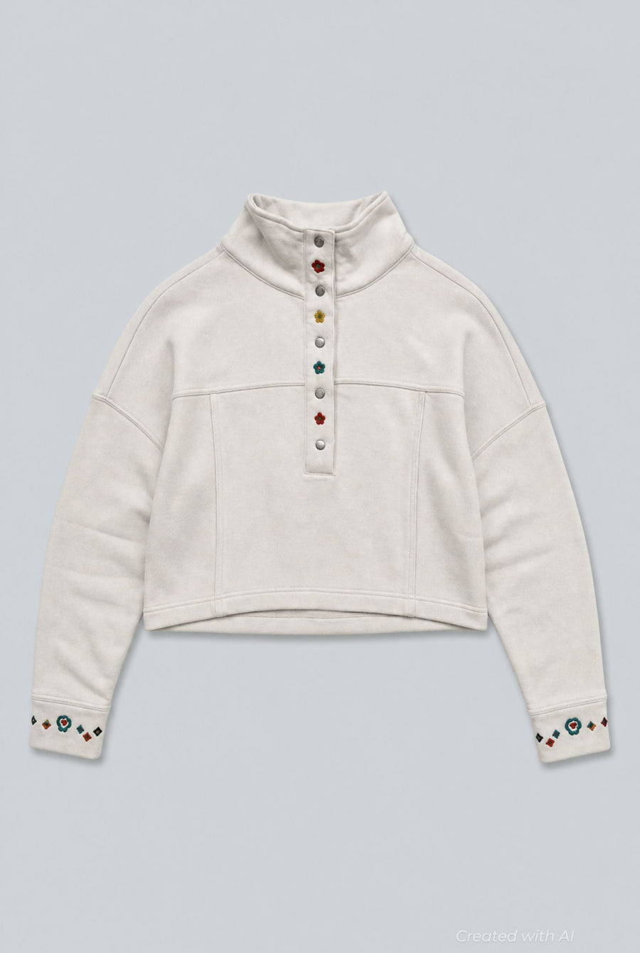 Embroidered Henley Sweatshirt - White - Sweatshirt