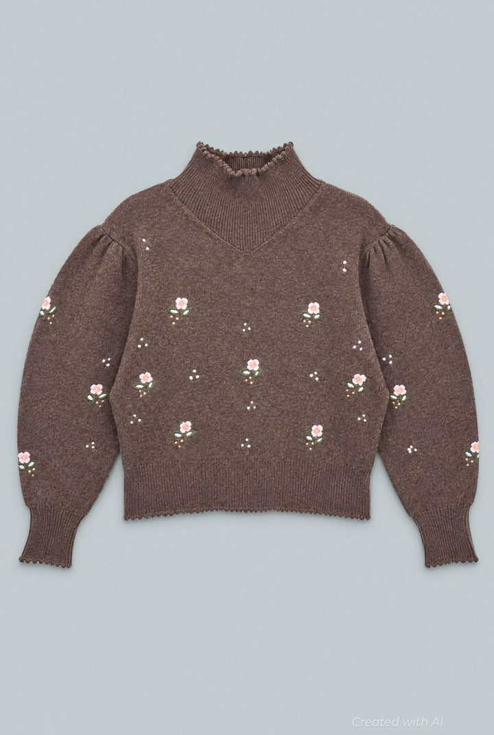 Embroidered Mock Neck Sweater - Brown - S - Sweater