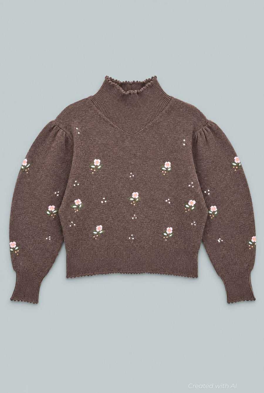 Embroidered Mock Neck Sweater - Brown - S - Sweater