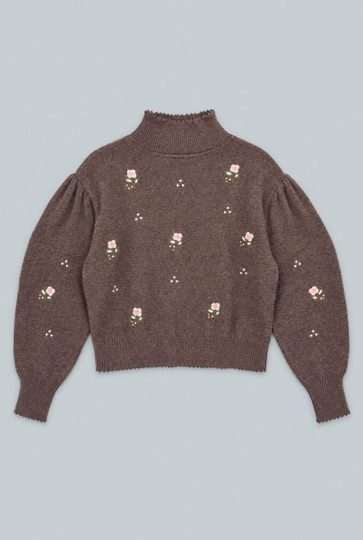 Embroidered Mock Neck Sweater - Brown - S - Sweater