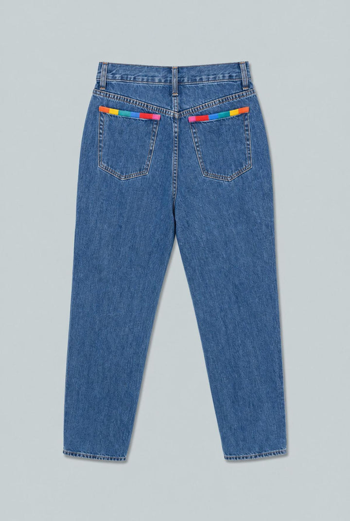 Embroidered Straight Leg Denim - Medium Blue - Jeans