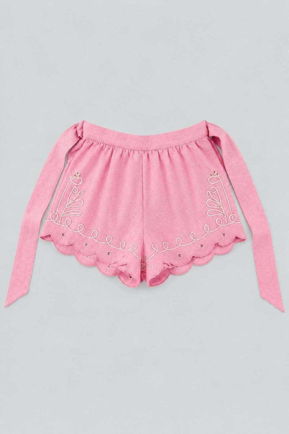 Embroidered Tie Waist Shorts - Pink Combo - Shorts