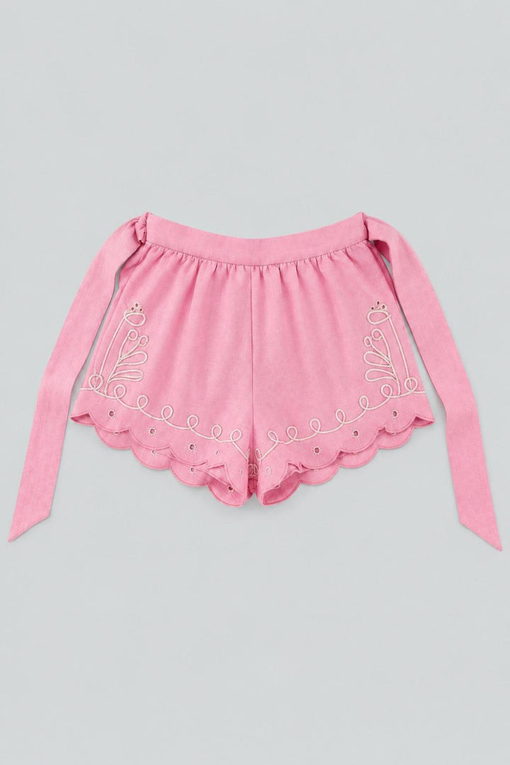 Embroidered Tie Waist Shorts - Pink Combo - Shorts