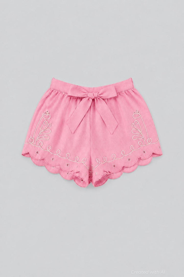Embroidered Tie Waist Shorts - Pink Combo - Shorts
