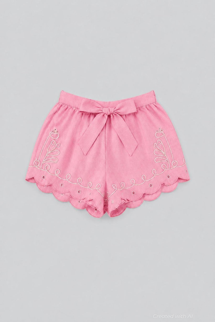 Embroidered Tie Waist Shorts - Pink Combo - Shorts