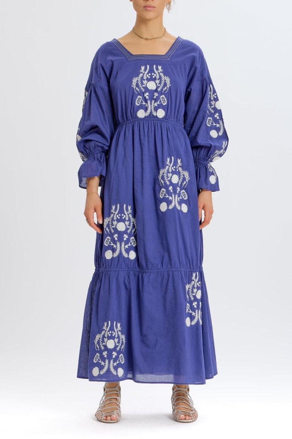 Embroidered Tiered Long Sleeve Maxi Dress - Navy Combo - Dresses
