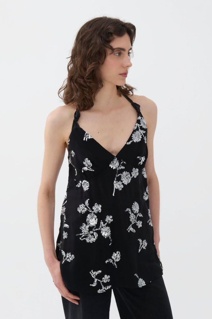 Embroidered Top - Black - Halter Top