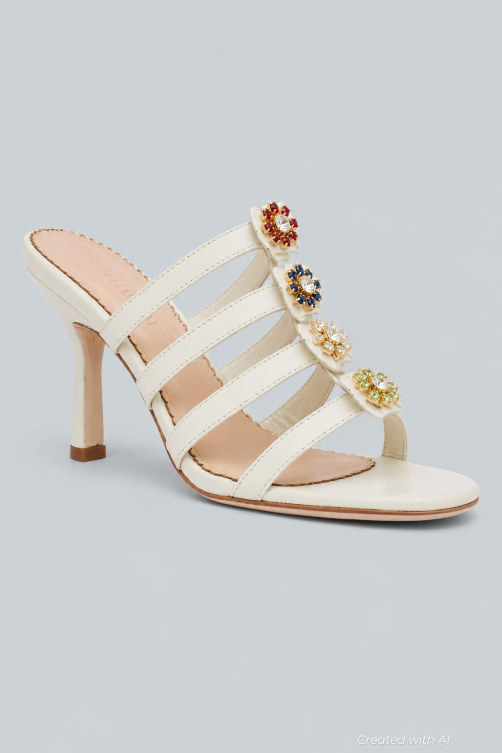 Emmy Crystal Flower Heeled Sandals - Ivory - 8 US / 38 EU - Sandal