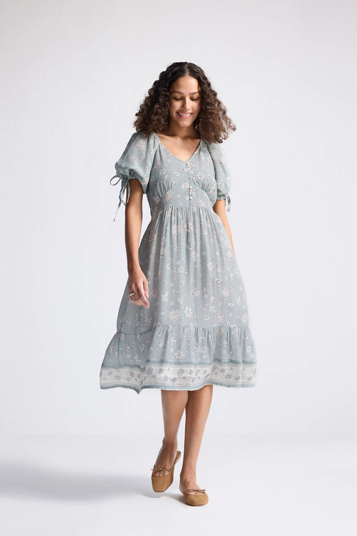 Puff Sleeve Midi Dress - Serene Symphony