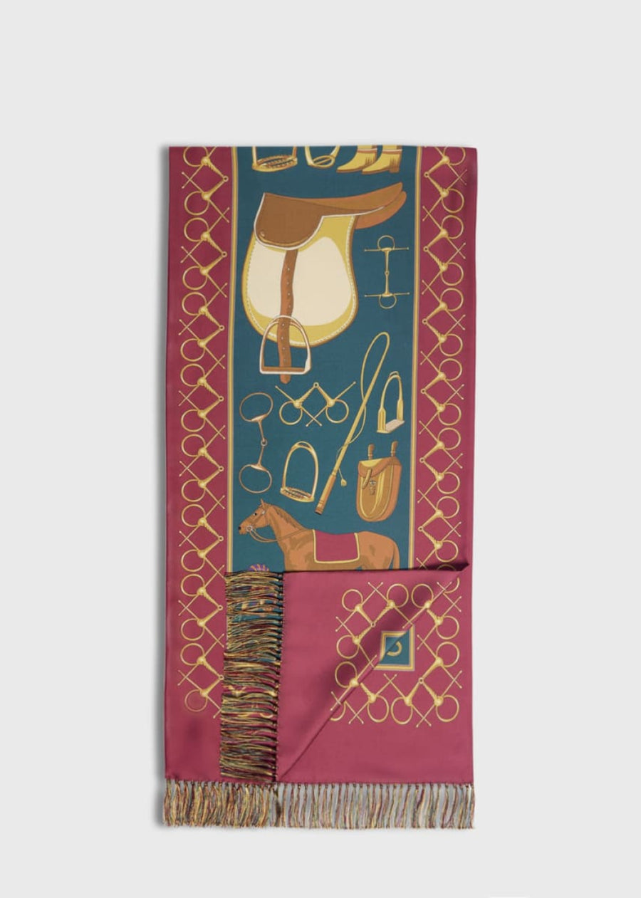 Equestrian Printed Silk Scarf - Green/Red - ONE SIZE - Scarf