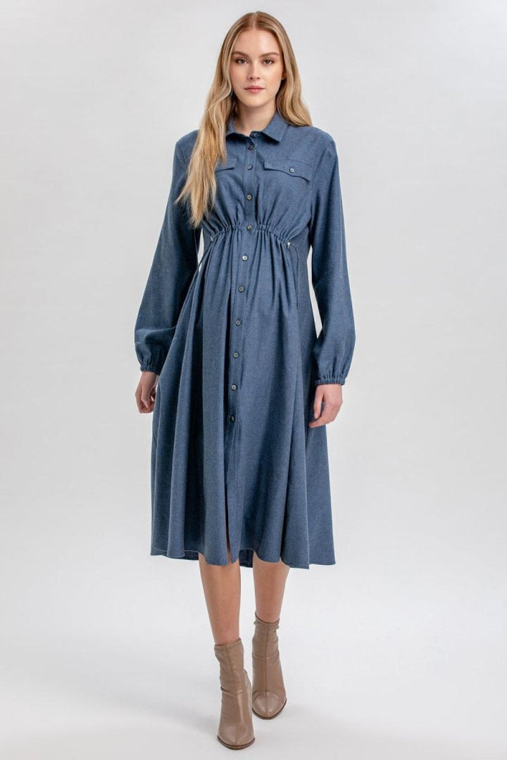 ERICA Midi Long-Sleeve Maternity Shirt Dress - Avion Blue - Dresses