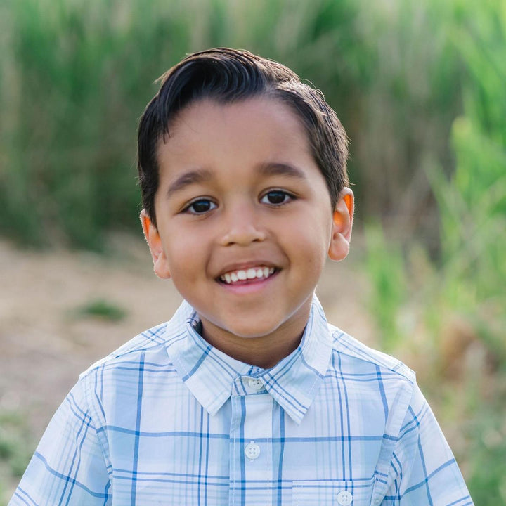 Stretch Short Sleeve Button Down Shirt - Classic Blue Tonal Plaid