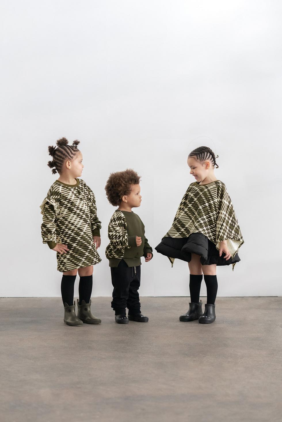 Girls Plaid Ruffle Terry Dress - Olive