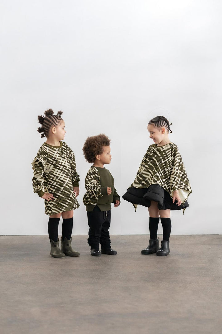 Girls Plaid Ruffle Terry Dress - Olive