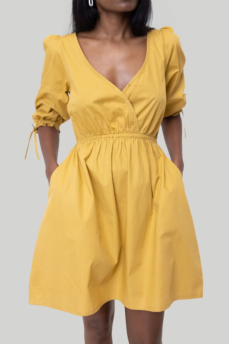 Gathered Elbow Sleeve Short Dress - Tuscan Sun