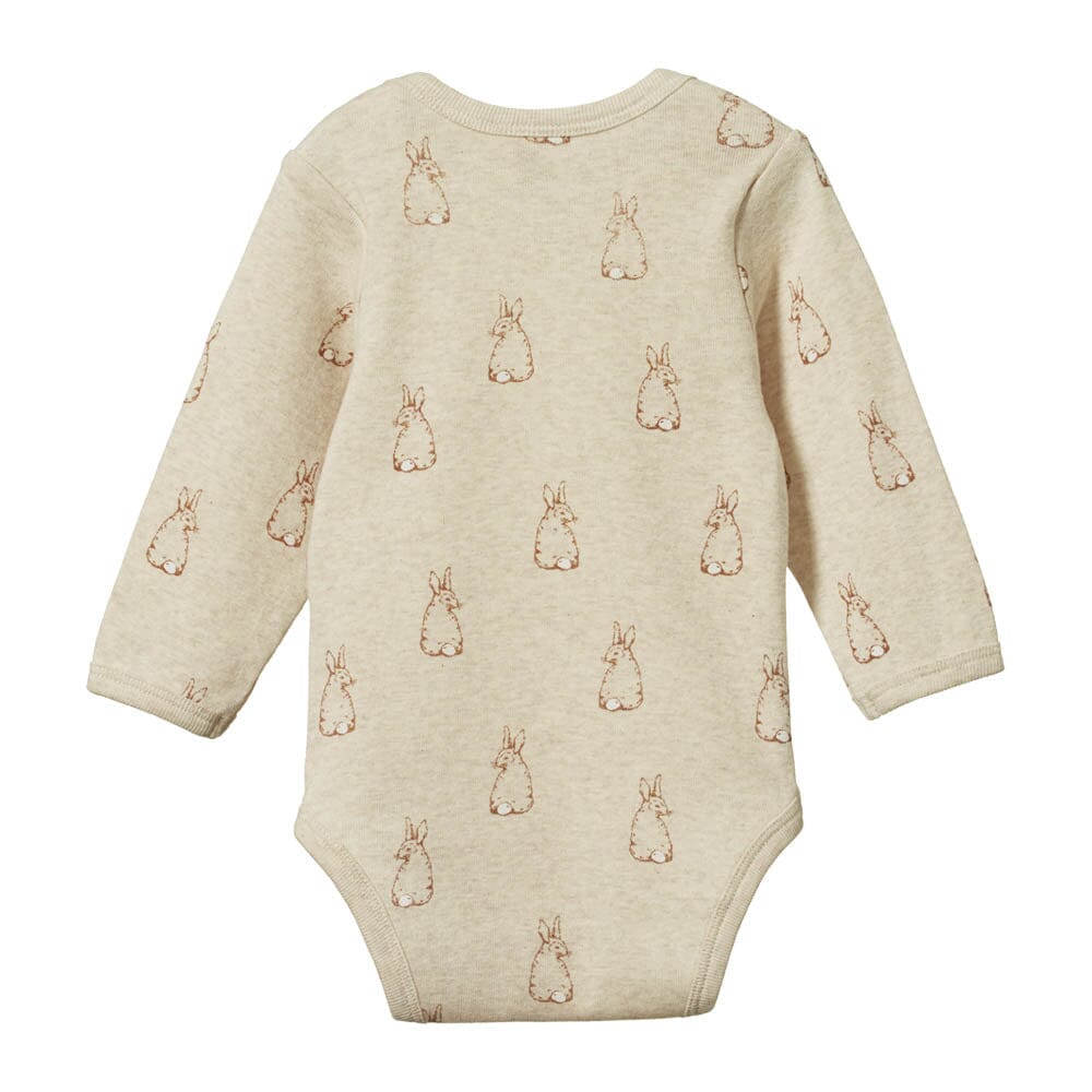 Long Sleeve Bodysuit - Bunny Tales Oatmeal Marl Print Bodysuits + Onesies Nature Baby 