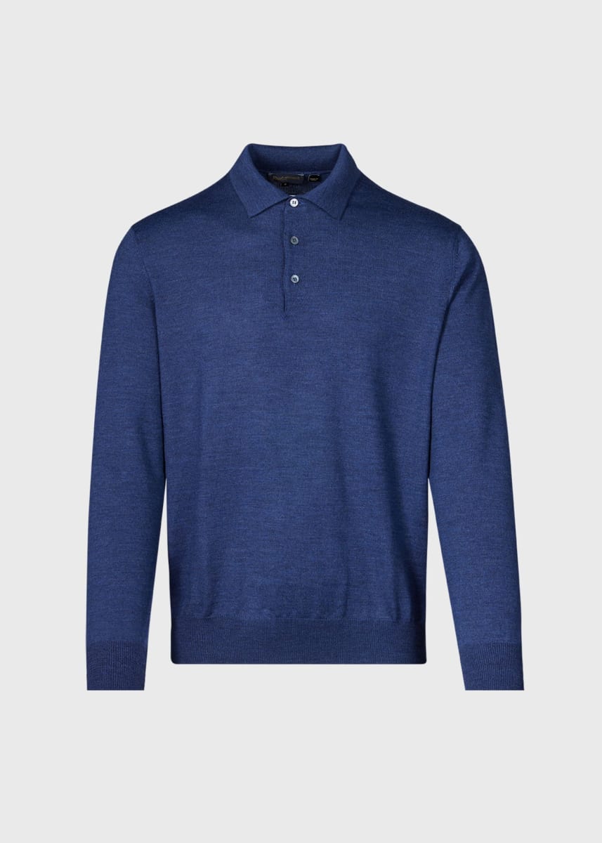Long Sleeve Merino Wool Polo Shirt - Denim