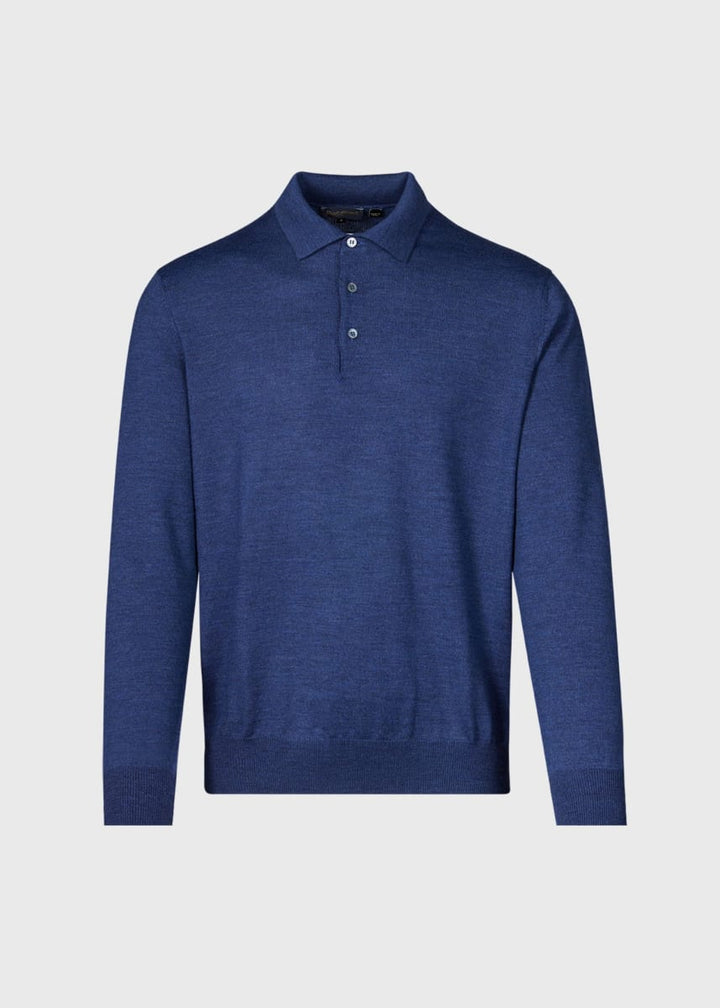 Long Sleeve Merino Wool Polo Shirt - Denim