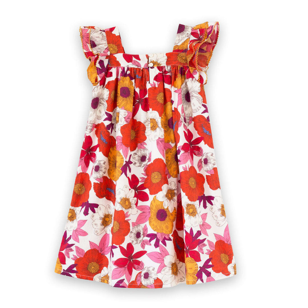 Girls Everly Square Neck Dress - Red And Orange Floral Medley