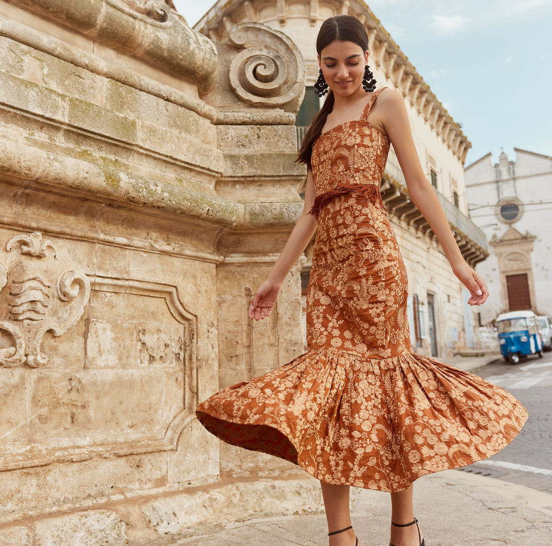 Mary Embroidered Fluted Skirt - Copper/Copper lurex embroidery