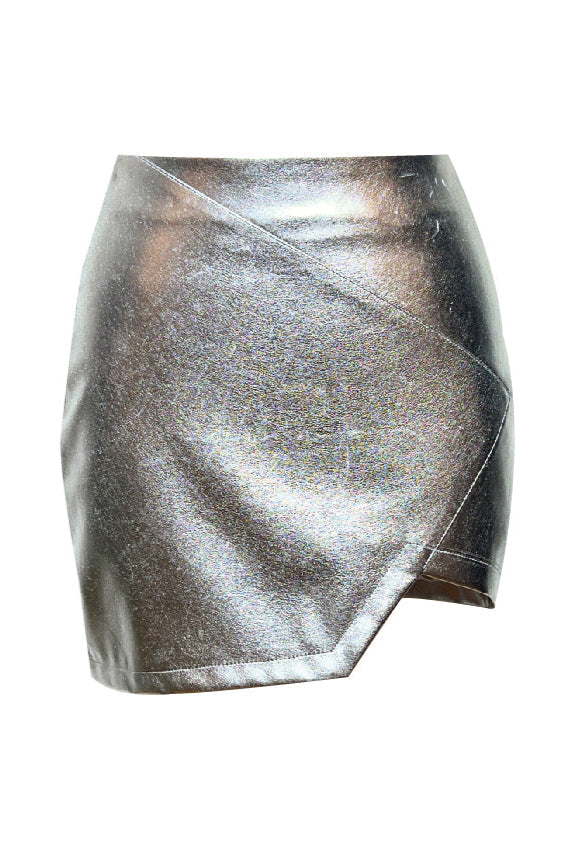 Dian Asymmetric Vegan Leather Mini Skirt - Silver