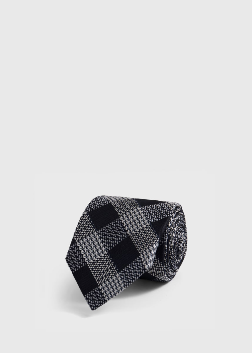 Woven Silk Houndstooth Plaid Tie - Black
