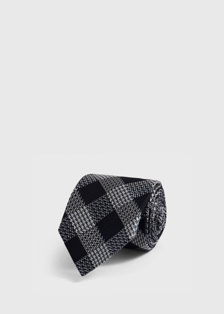 Woven Silk Houndstooth Plaid Tie - Black