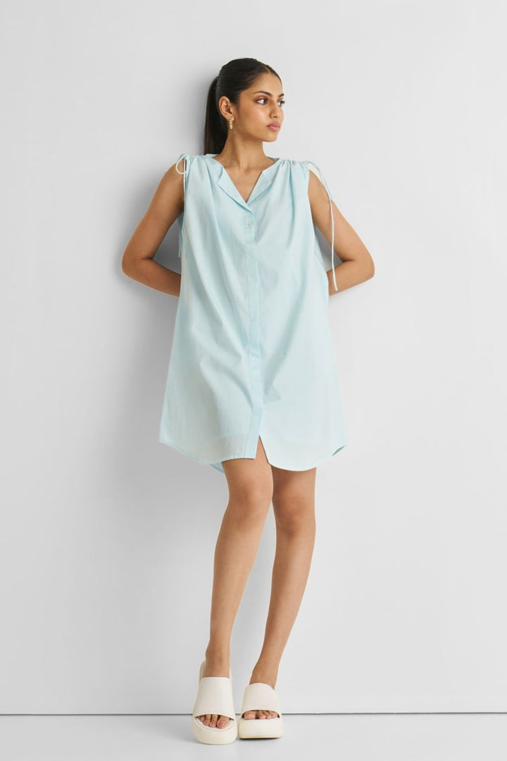 Shirt Dress With Shoulder Tie Details - Summer Blue