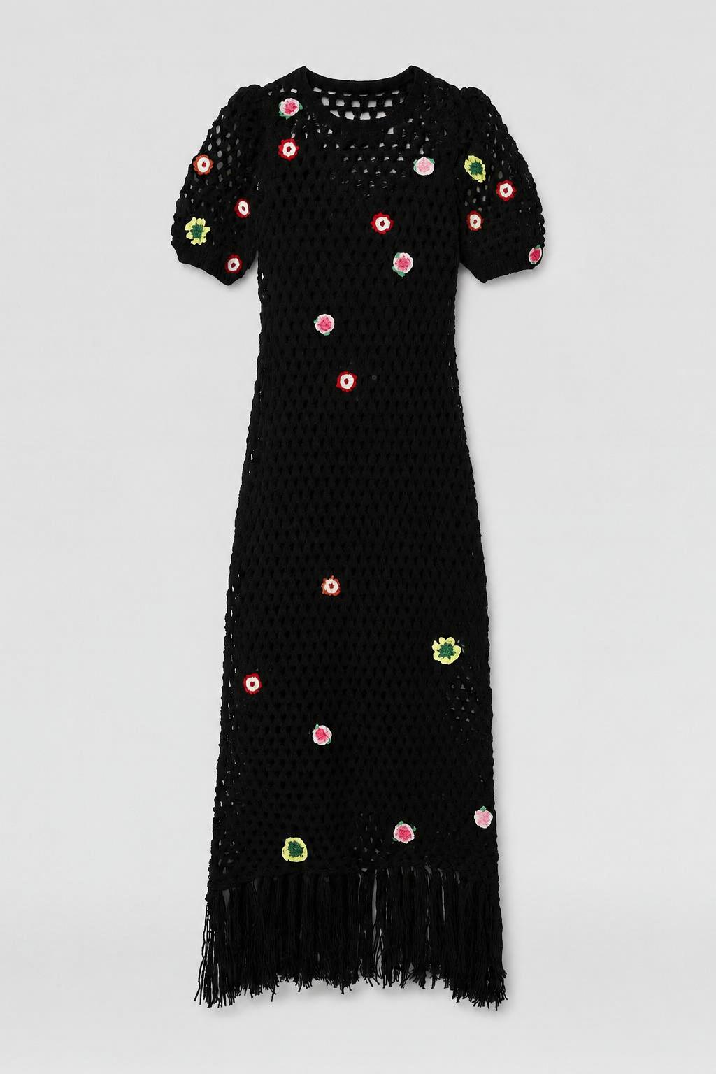 Crochet Maxi Dress With Floral Applique - Black Combo