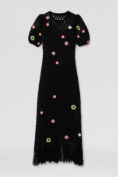 Crochet Maxi Dress With Floral Applique - Black Combo