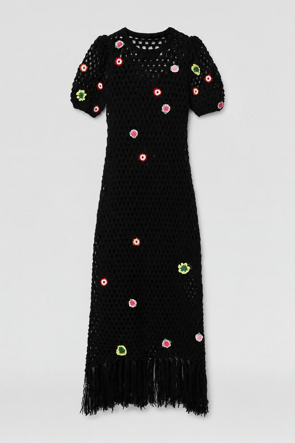 Crochet Maxi Dress With Floral Applique - Black Combo