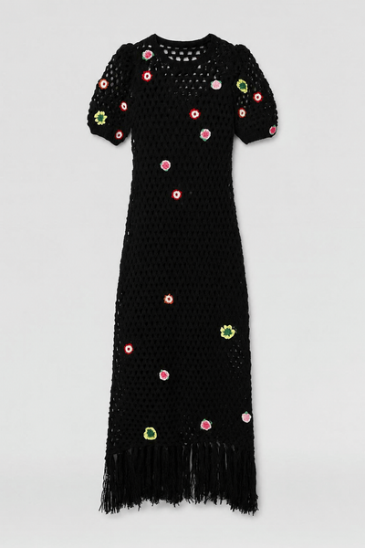 Crochet Maxi Dress With Floral Applique - Black Combo