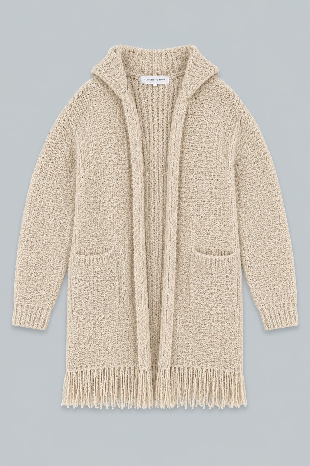 Long Hooded Cardigan With Fringe - Tan