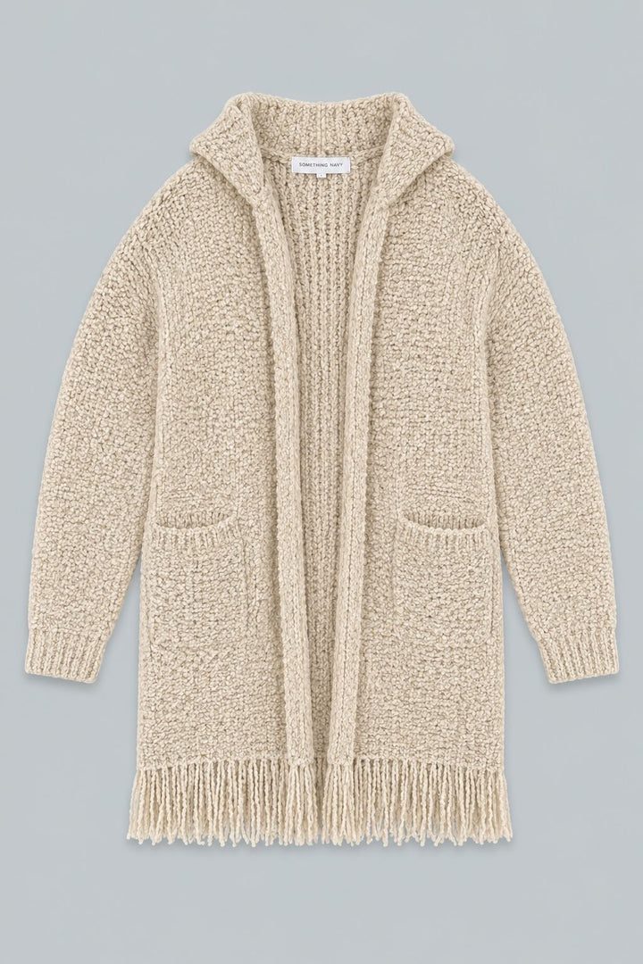 Long Hooded Cardigan With Fringe - Tan