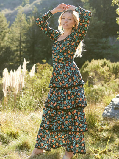 Brenda Tiered Skirt - Faded Black/Bright Clementine & Moss Floral