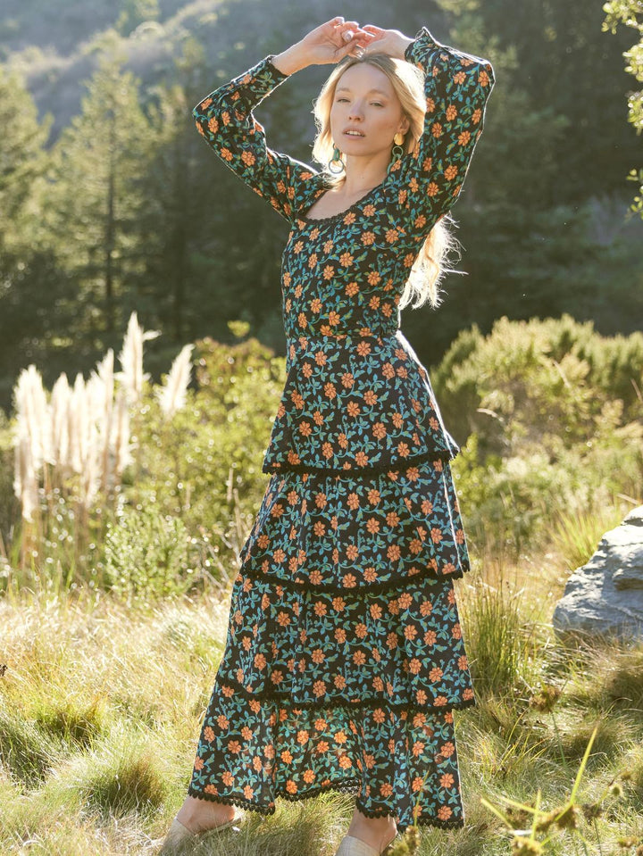 Brenda Tiered Skirt - Faded Black/Bright Clementine & Moss Floral