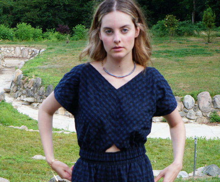 Cotton Gingham Bubble Top - Navy/Black