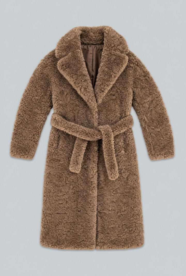 Faux Fur Belted Coat - Brown - Coat