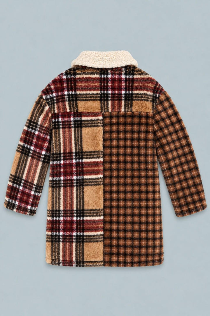 Faux Fur Contrast Plaid Coat - Brown/Camel - Coat