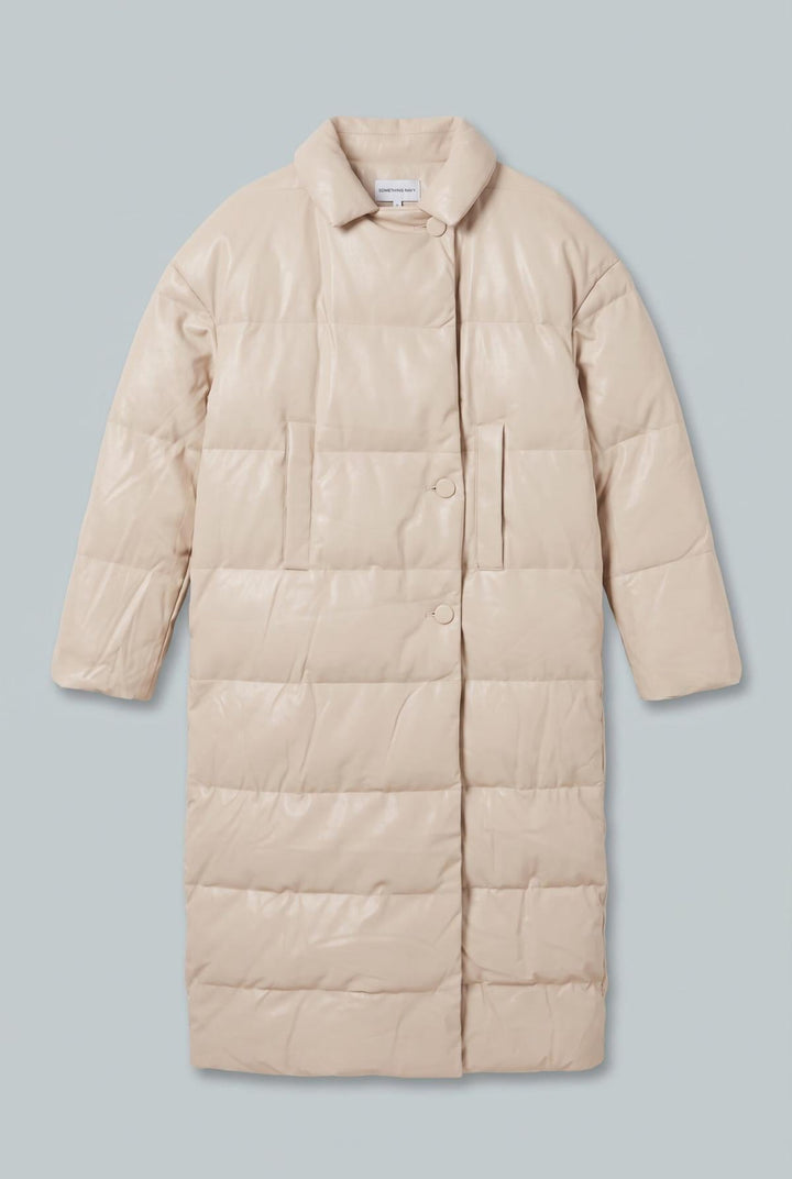 Faux Leather Long Puffer Coat - Ecru - Coat