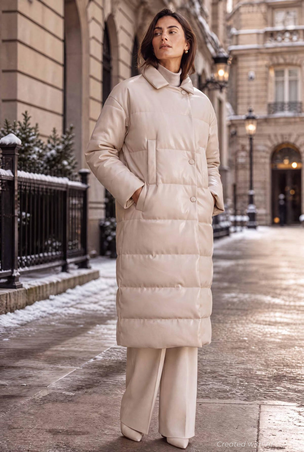 Faux Leather Long Puffer Coat - Ecru - Coat