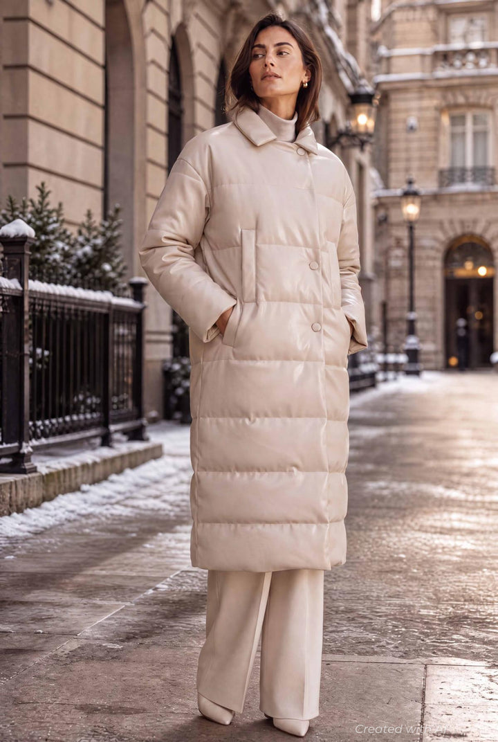 Faux Leather Long Puffer Coat - Ecru - Coat