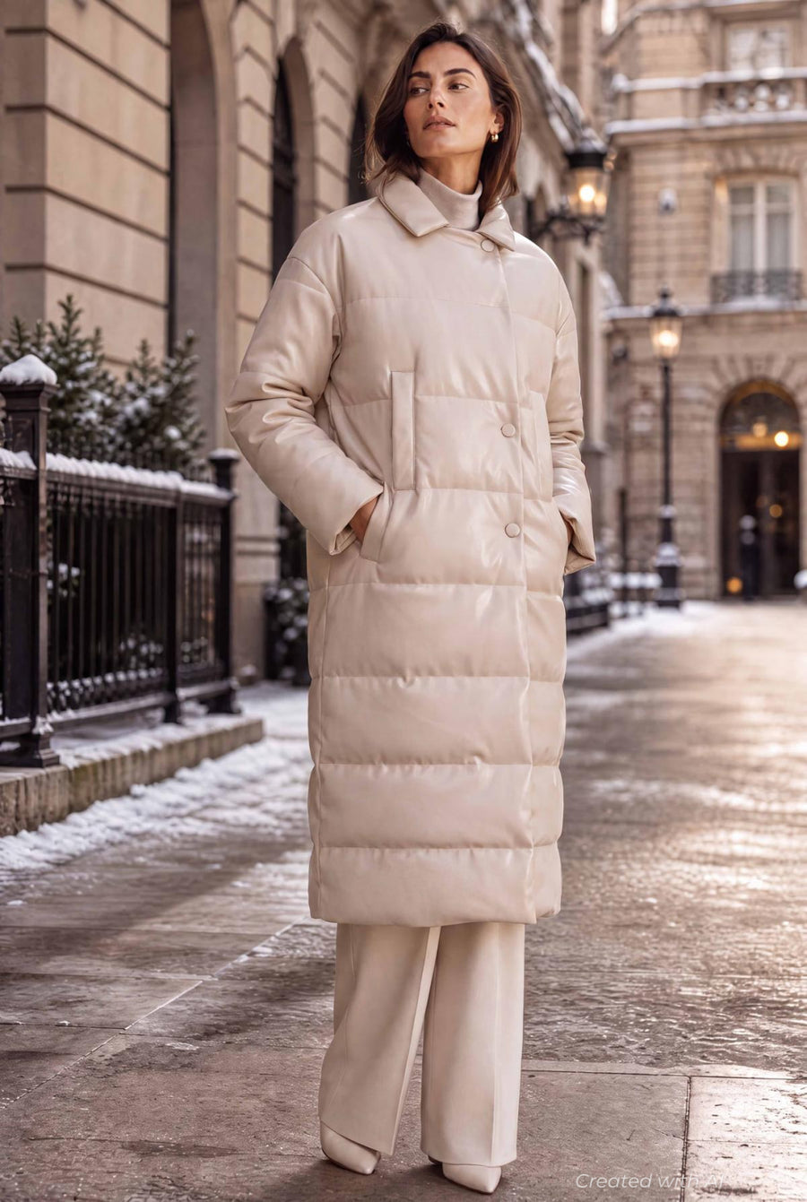 Faux Leather Long Puffer Coat - Ecru - Coat