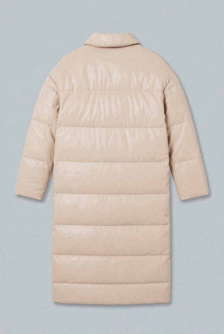 Faux Leather Long Puffer Coat - Ecru - Coat