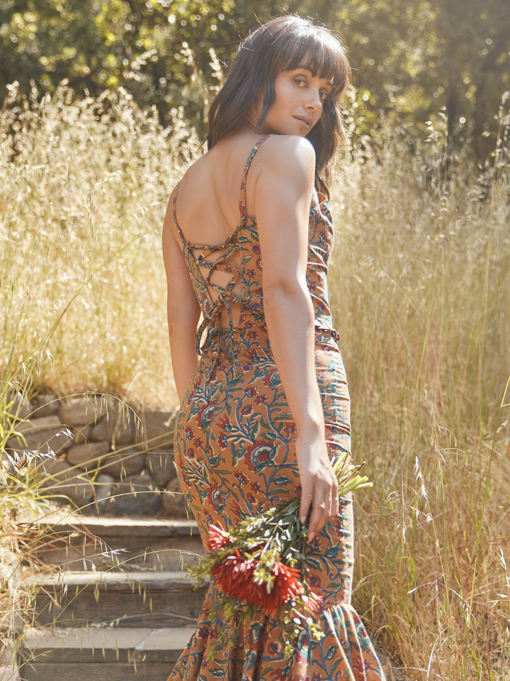 Patsy Fluted Pencil Skirt - Queen Blue/Mini Alabaster Floral print